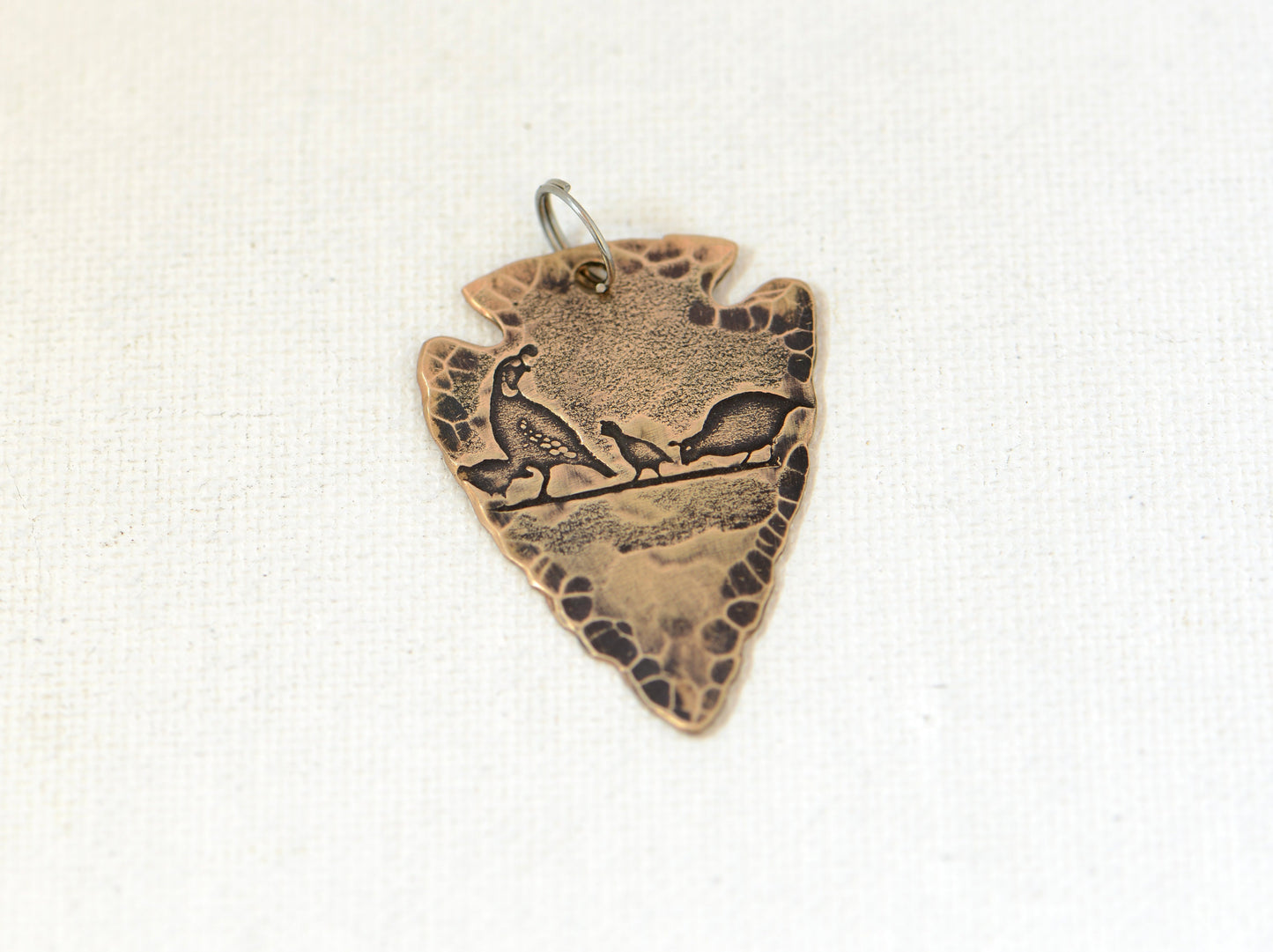 Pheasants on Copper Arrowhead Necklace with Rustic Hammered Patterning
