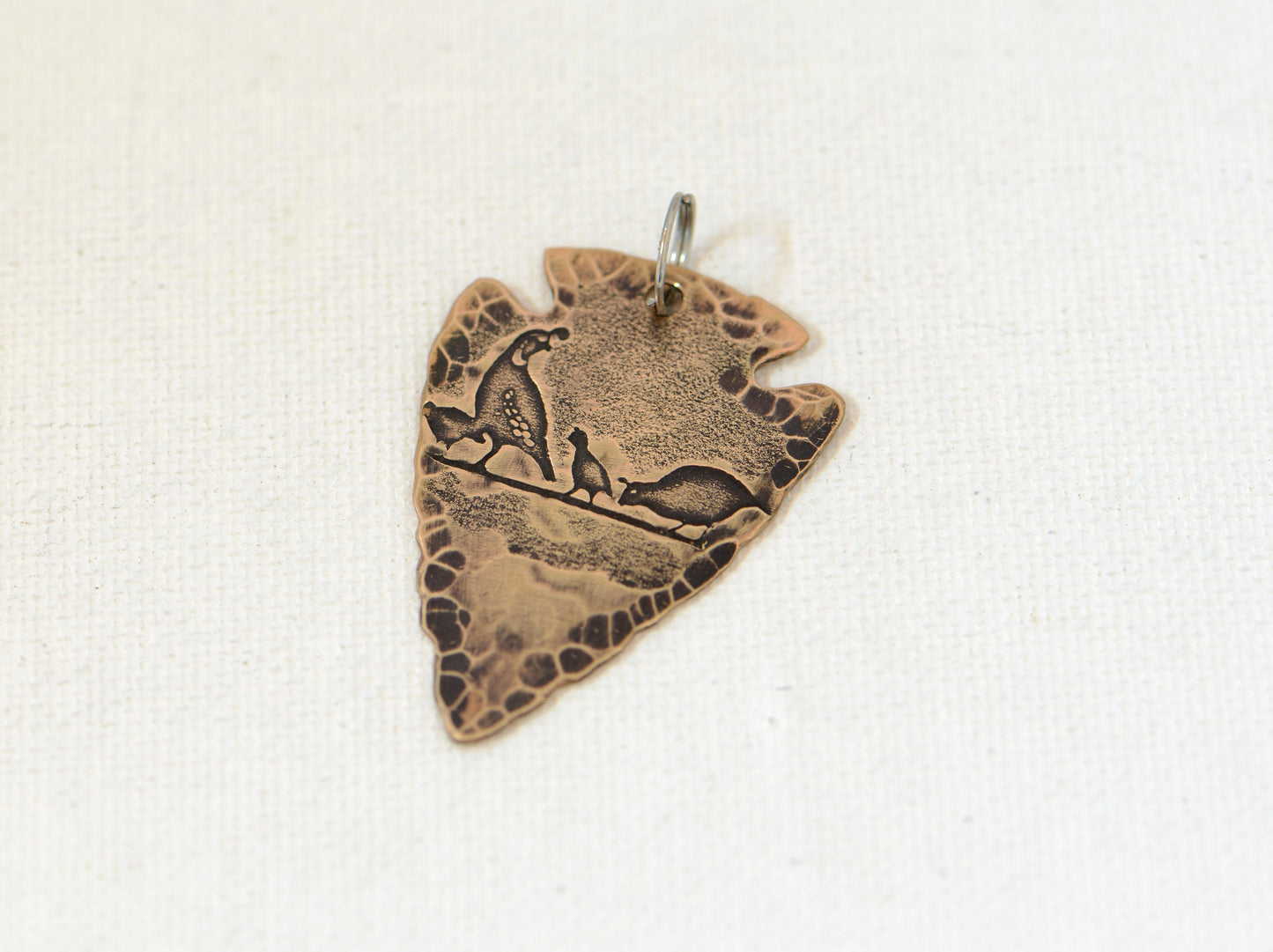 Pheasants on Copper Arrowhead Necklace with Rustic Hammered Patterning