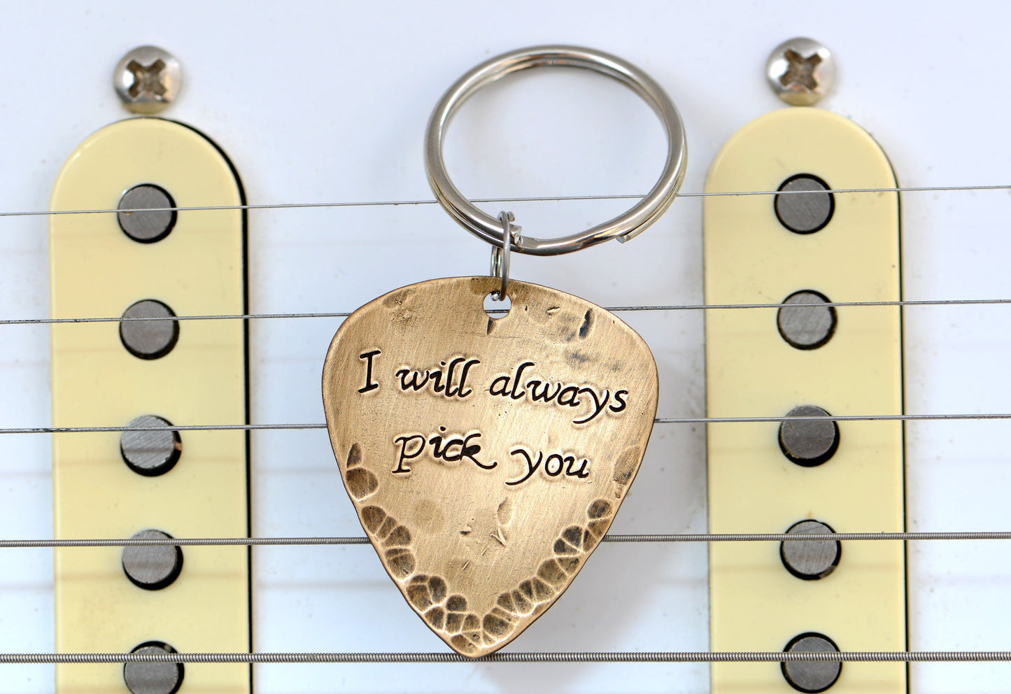 I will always pick you guitar pick with rustic patina on bronze