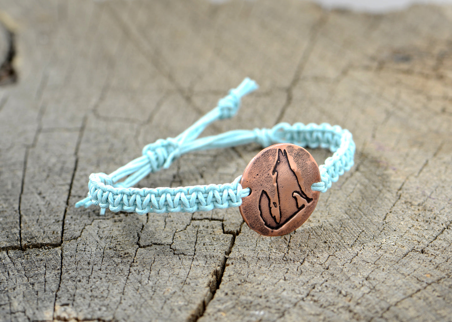 Turquoise Hemp with Howling Wolf on Copper Disc Bracelet or Anklet
