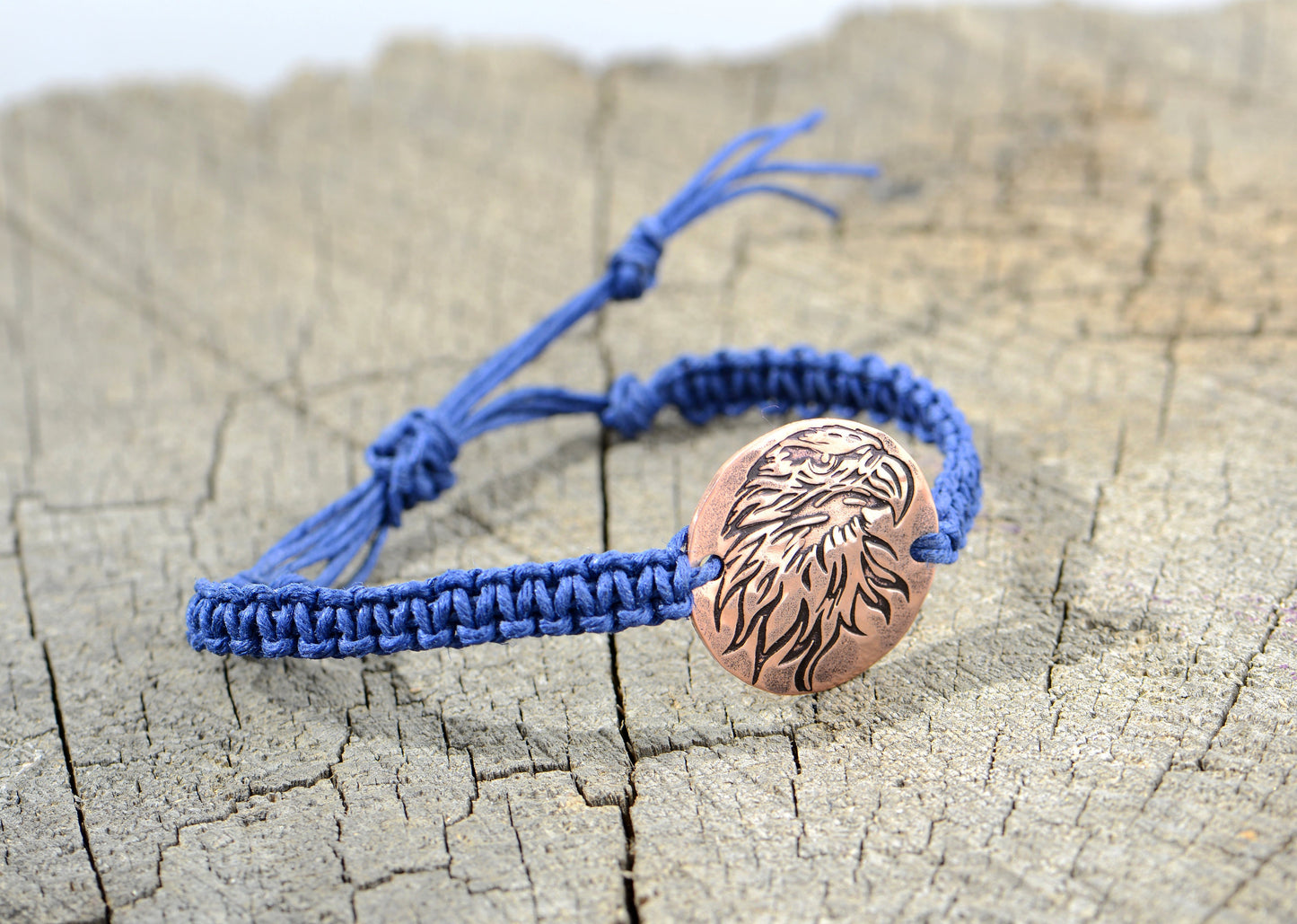 Knotted Blue Hemp Bracelet or Anklet with Handmade Copper Eagle
