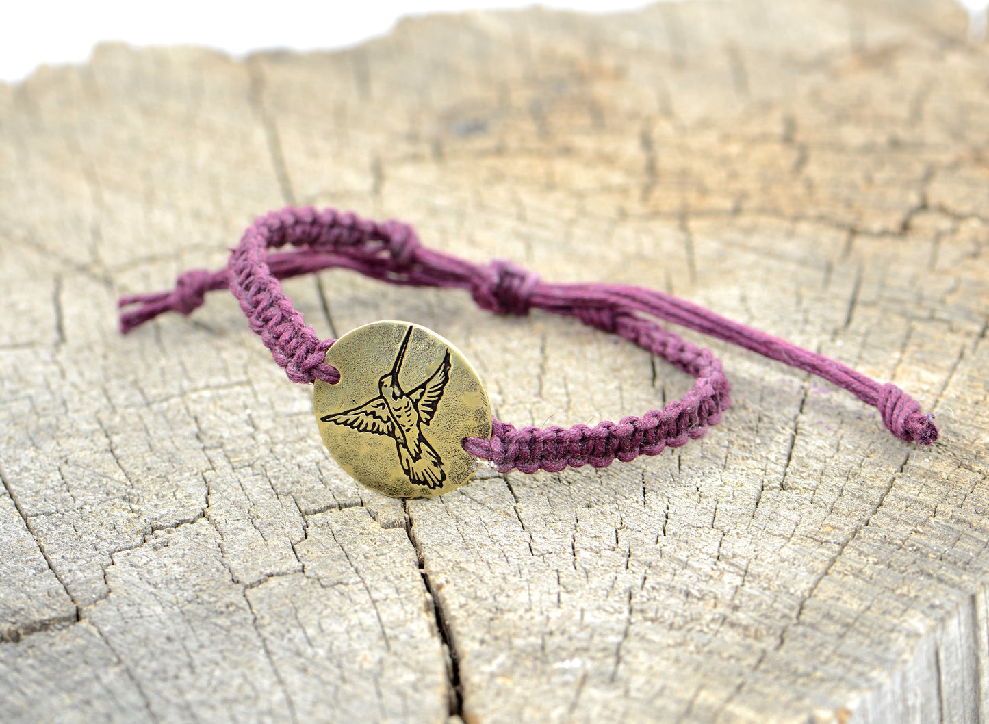 Purple Hemp knotted Bracelet or Anklet with Handmade Hummingbird Design in Brass