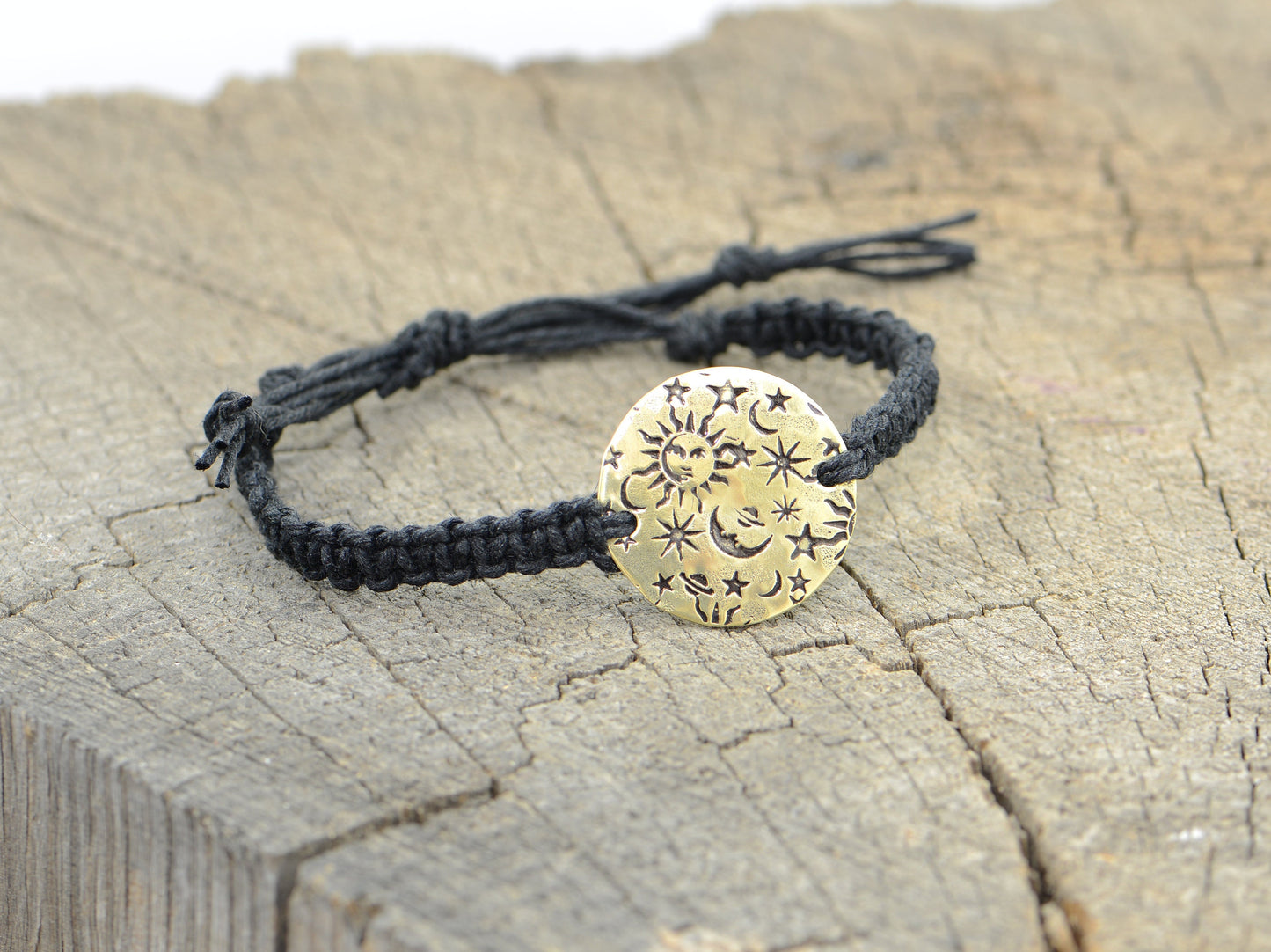 Celestial Black Hemp knotted Bracelet or Anklet with Star Design in Brass