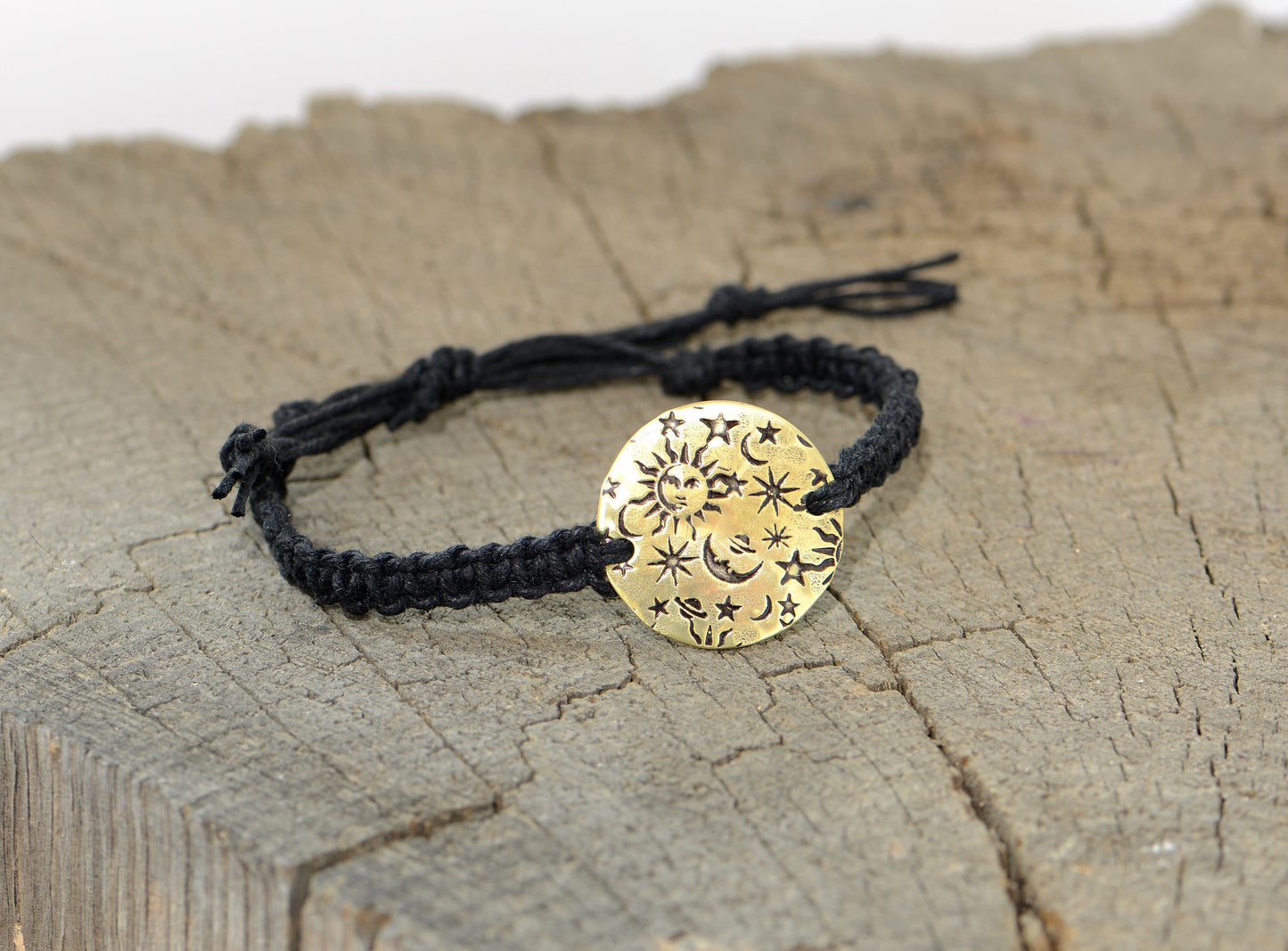 Celestial Black Hemp knotted Bracelet or Anklet with Star Design in Brass