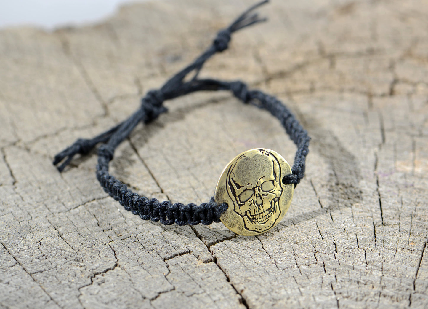 Bad Ass Skull Design on Brass Disc knotted in Black Hemp Bracelet or Anklet