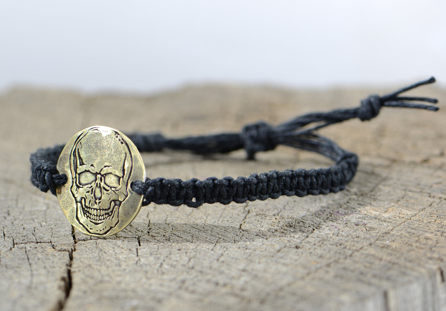 Bad Ass Skull Design on Brass Disc knotted in Black Hemp Bracelet or Anklet