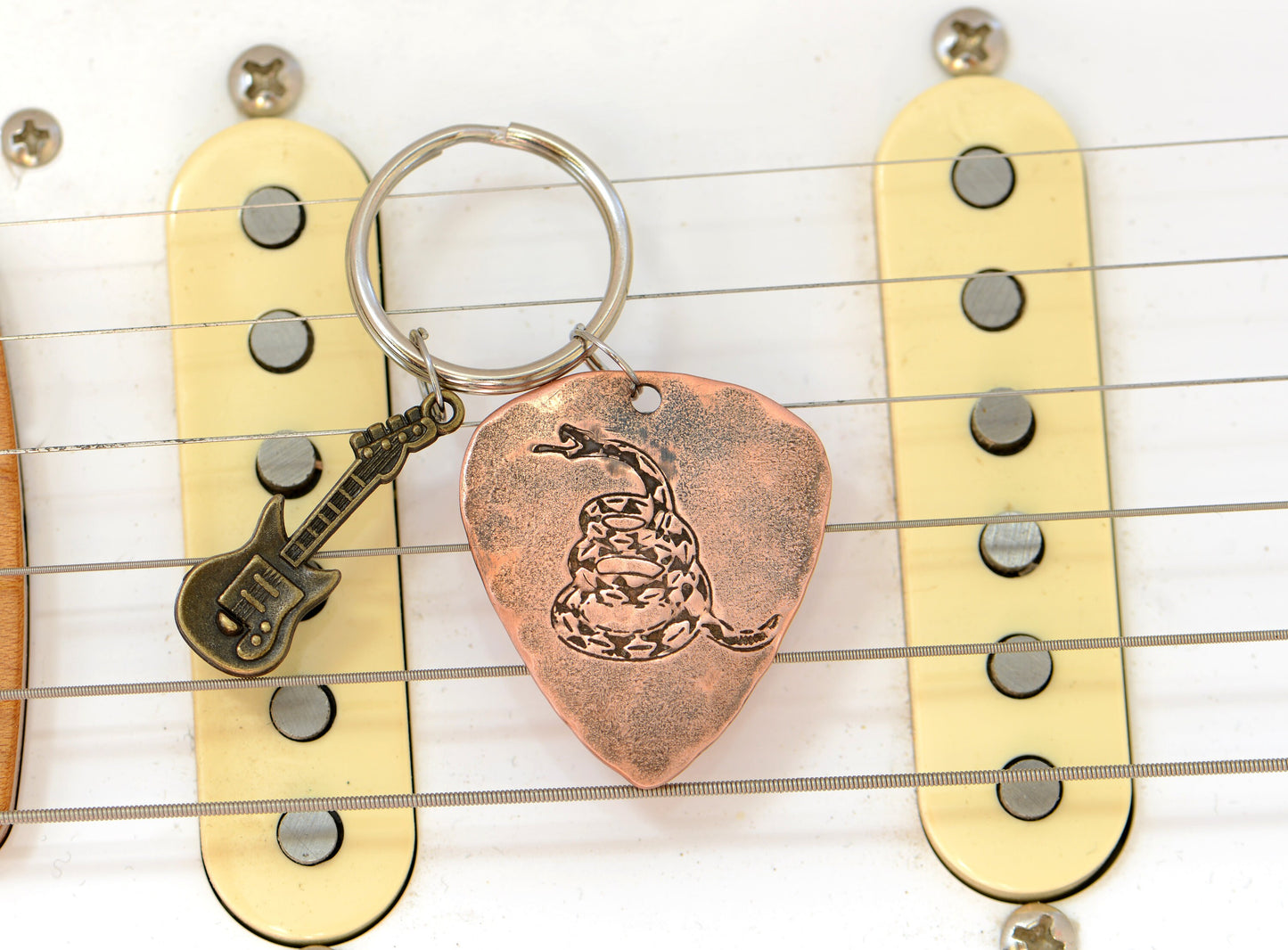 Snake on Copper Guitar Pick Keychain with Brass Guitar Charm