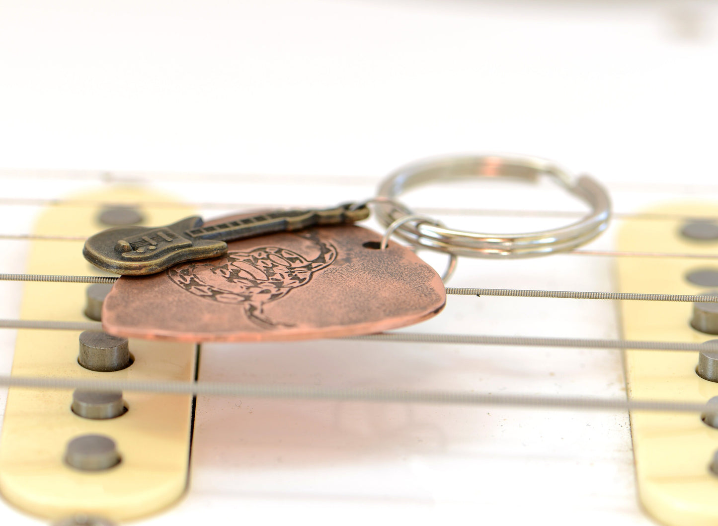 Snake on Copper Guitar Pick Keychain with Brass Guitar Charm