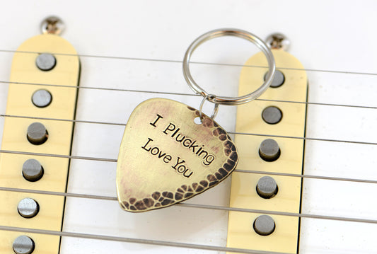 I plucking love you keychain in rustic brass with hammered finish