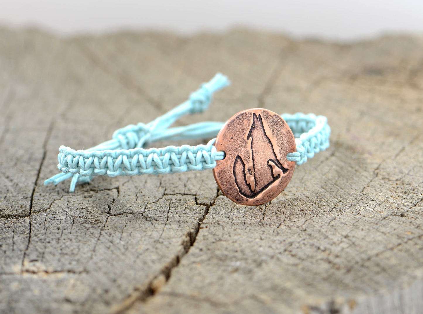 Turquoise Hemp with Howling Wolf on Copper Disc Bracelet or Anklet