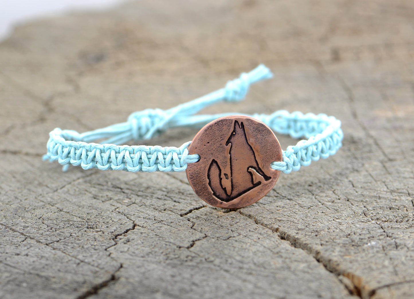 Turquoise Hemp with Howling Wolf on Copper Disc Bracelet or Anklet