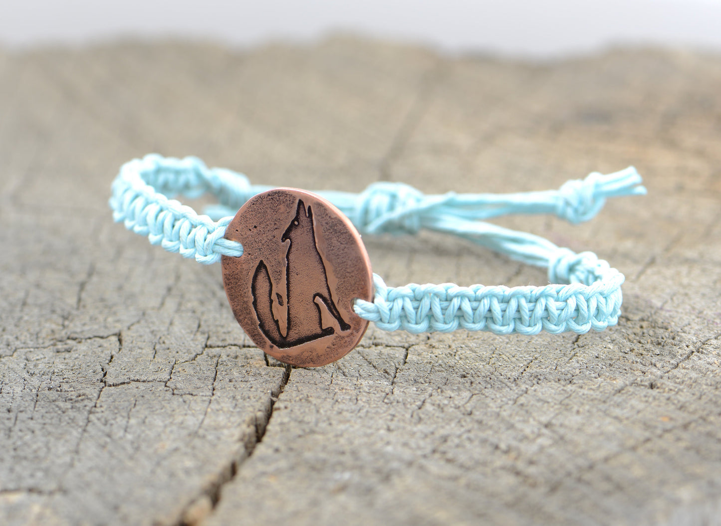 Turquoise Hemp with Howling Wolf on Copper Disc Bracelet or Anklet