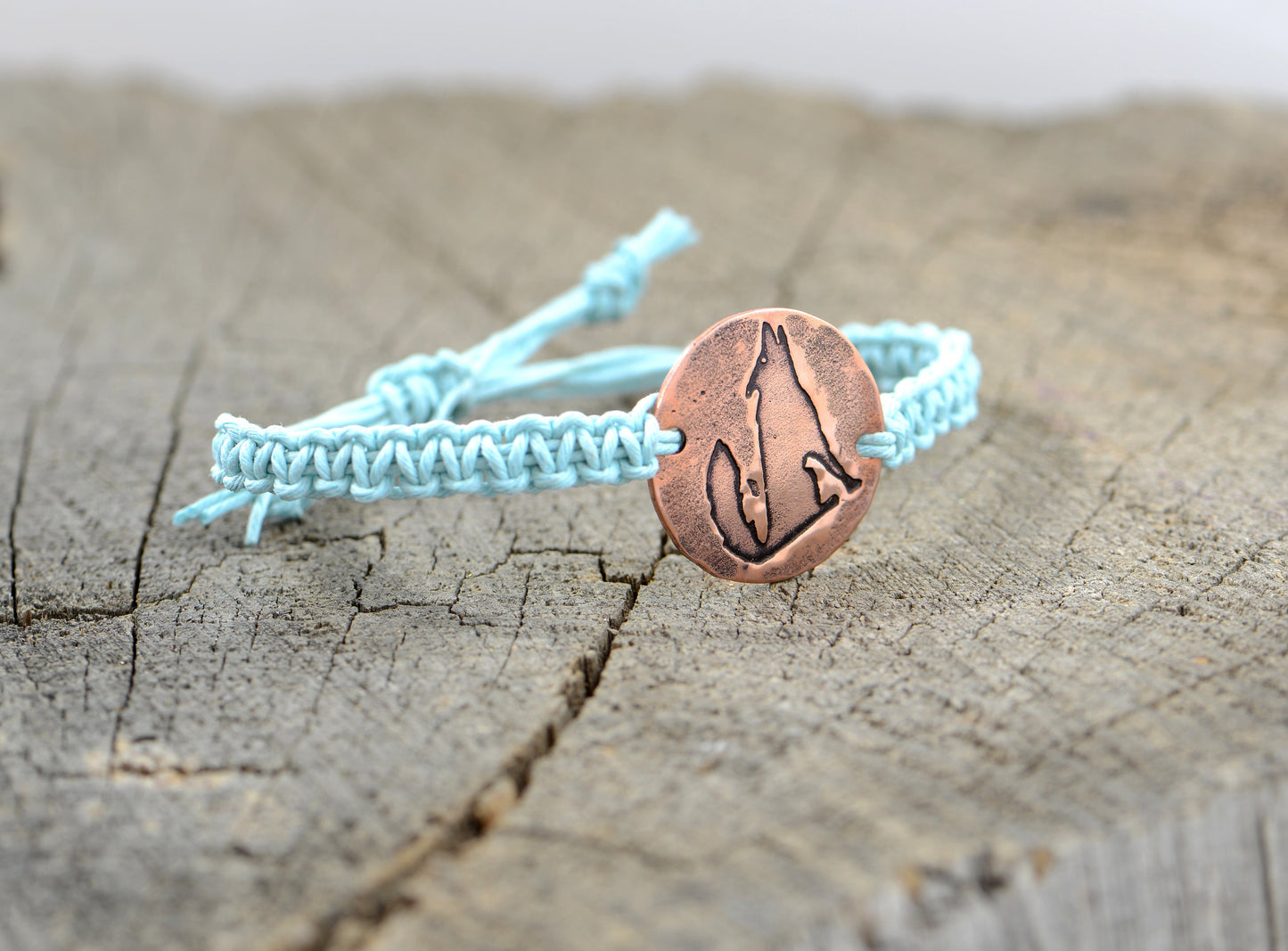 Turquoise Hemp with Howling Wolf on Copper Disc Bracelet or Anklet