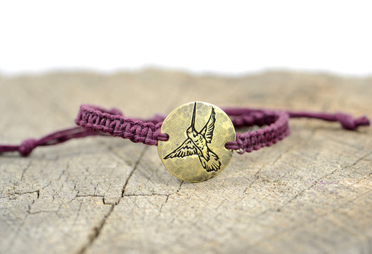 Purple Hemp knotted Bracelet or Anklet with Handmade Hummingbird Design in Brass