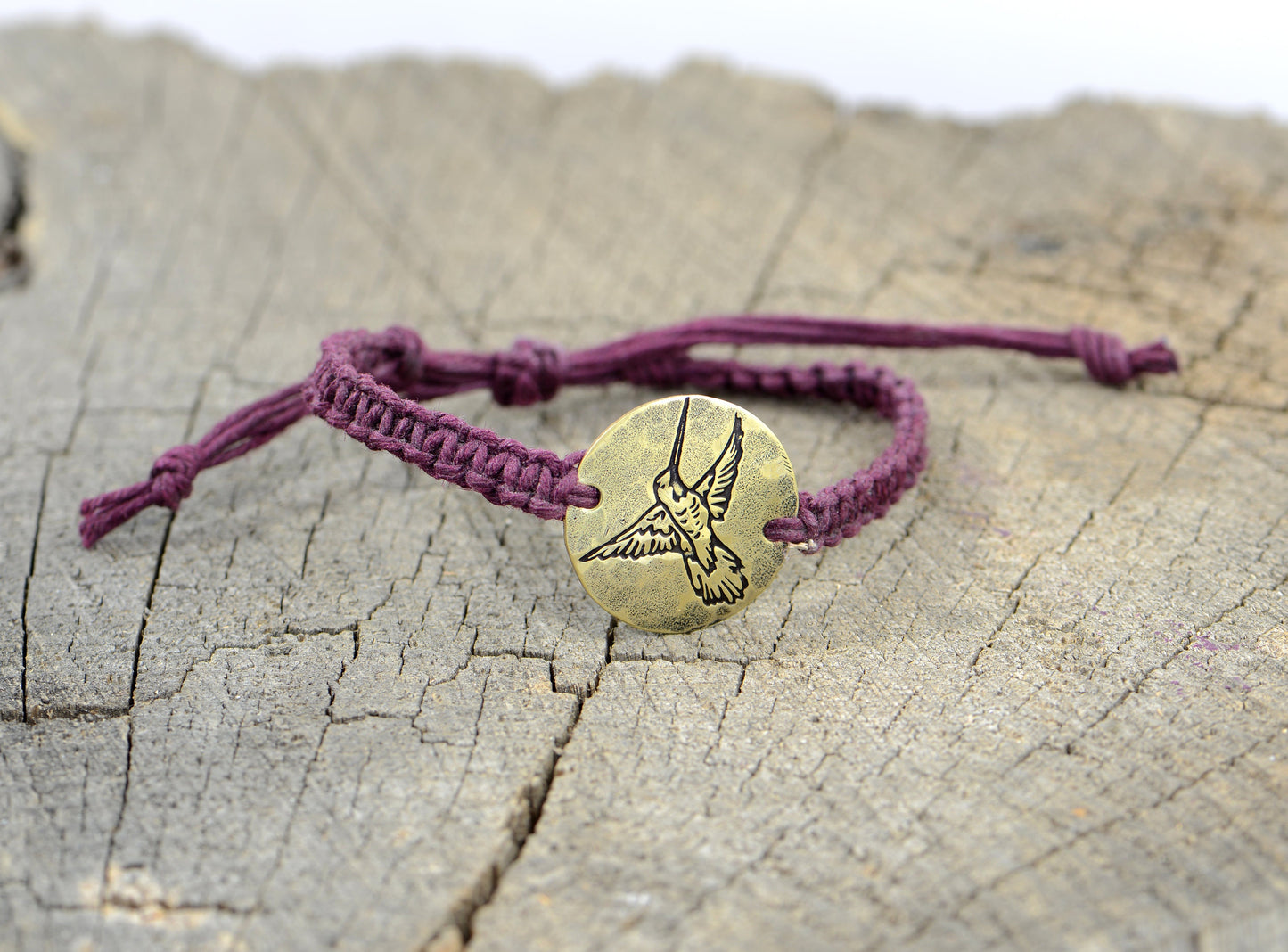 Purple Hemp knotted Bracelet or Anklet with Handmade Hummingbird Design in Brass