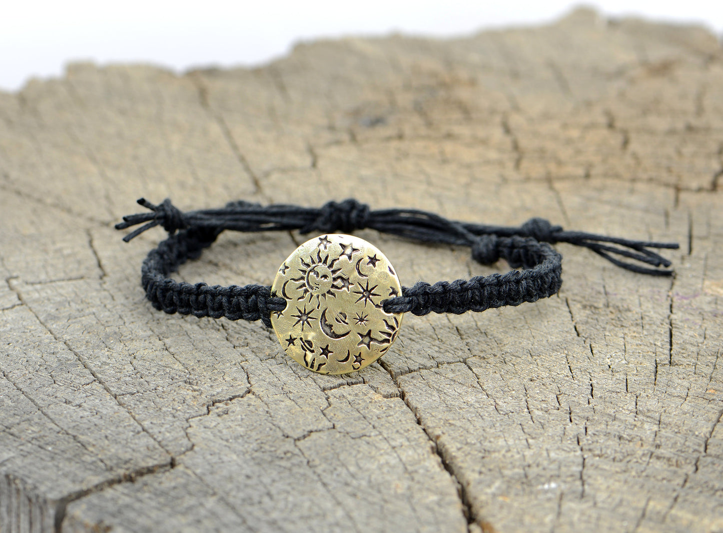 Celestial Black Hemp knotted Bracelet or Anklet with Star Design in Brass