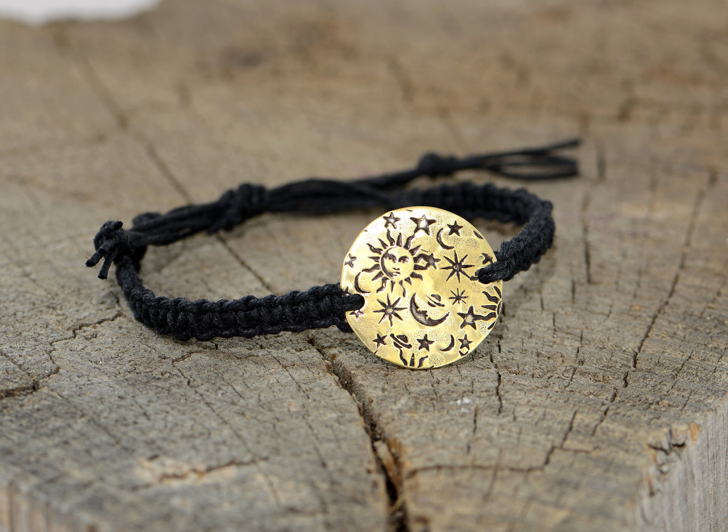 Celestial Black Hemp knotted Bracelet or Anklet with Star Design in Brass