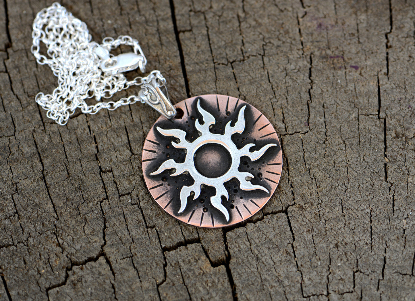 Flaming Sterling Silver Sun on Copper Medallion Necklace
