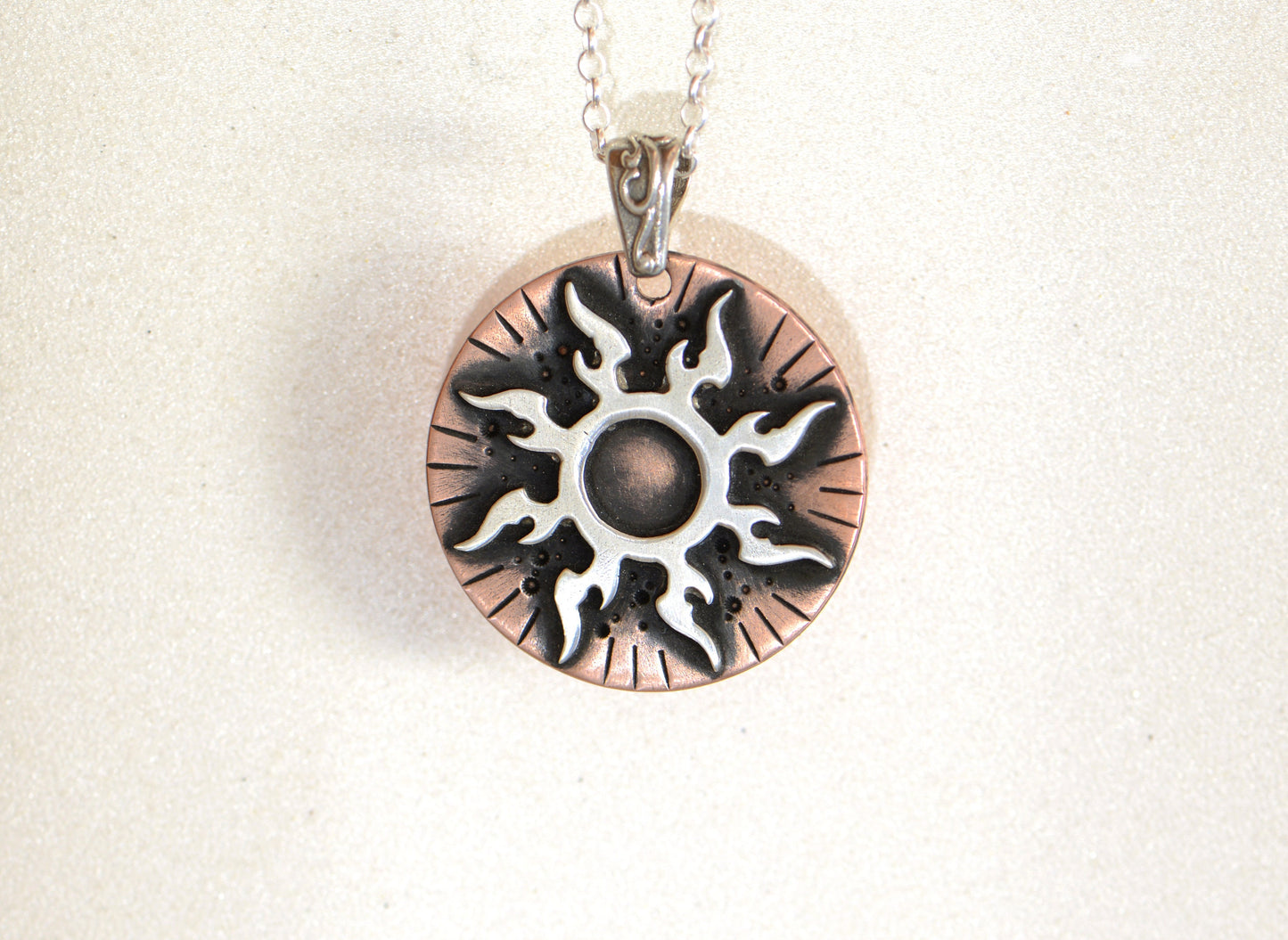 Flaming Sterling Silver Sun on Copper Medallion Necklace