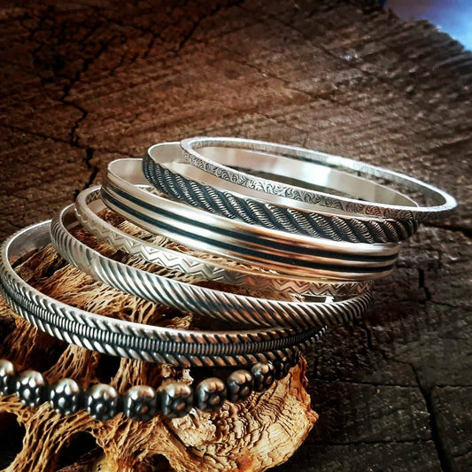 Stacking sterling silver bangle set with 7 different patterns - complete set or just singles