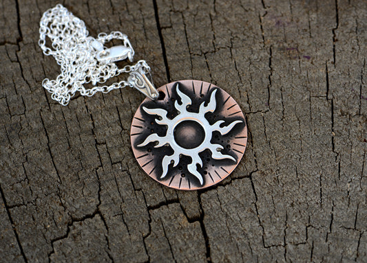Flaming Sterling Silver Sun on Copper Medallion Mixed Metal Necklace
