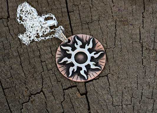 Flaming Sterling Silver Sun on Copper Medallion Mixed Metal Necklace