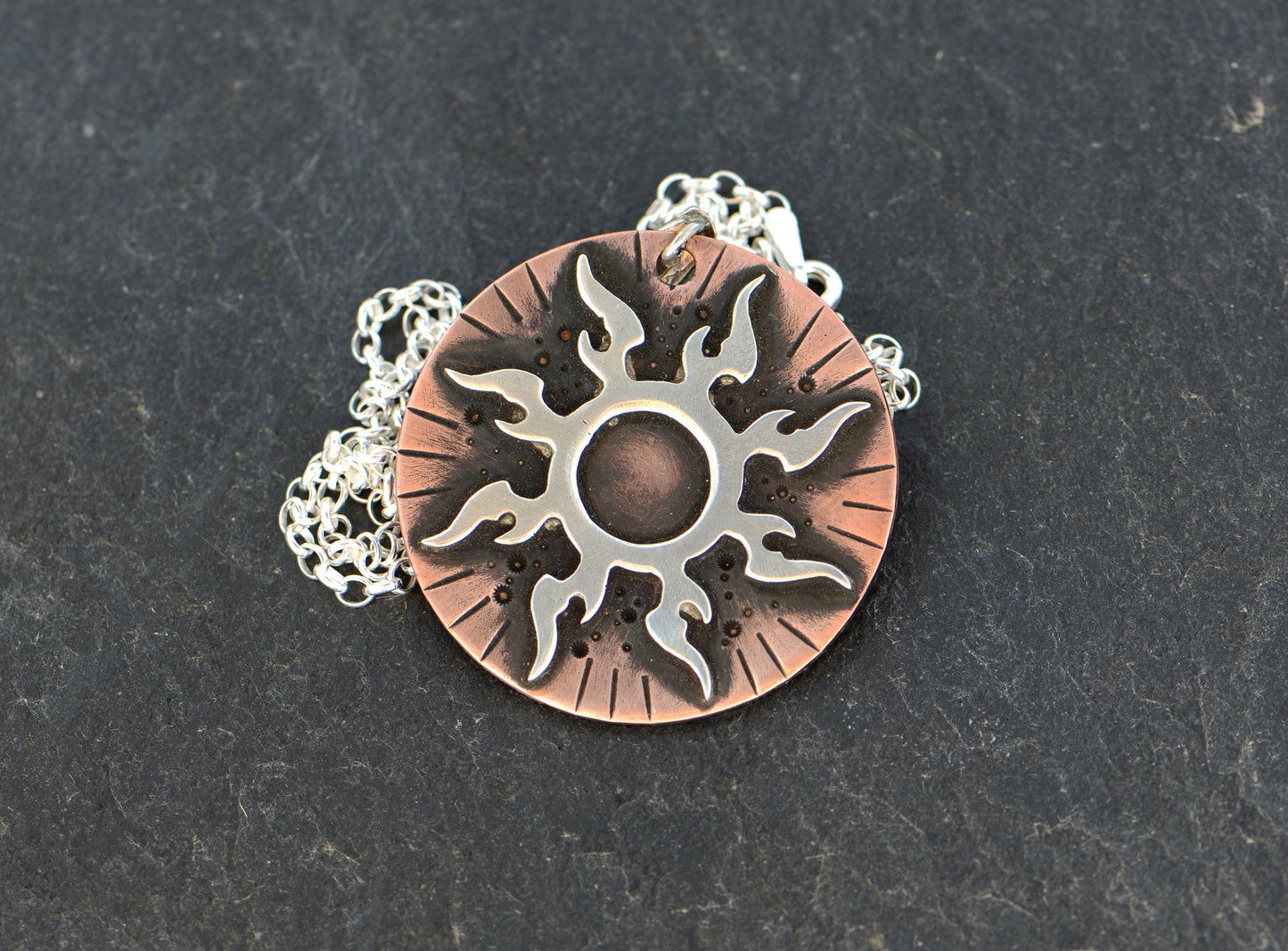 Flaming Sterling Silver Sun on Copper Medallion Necklace