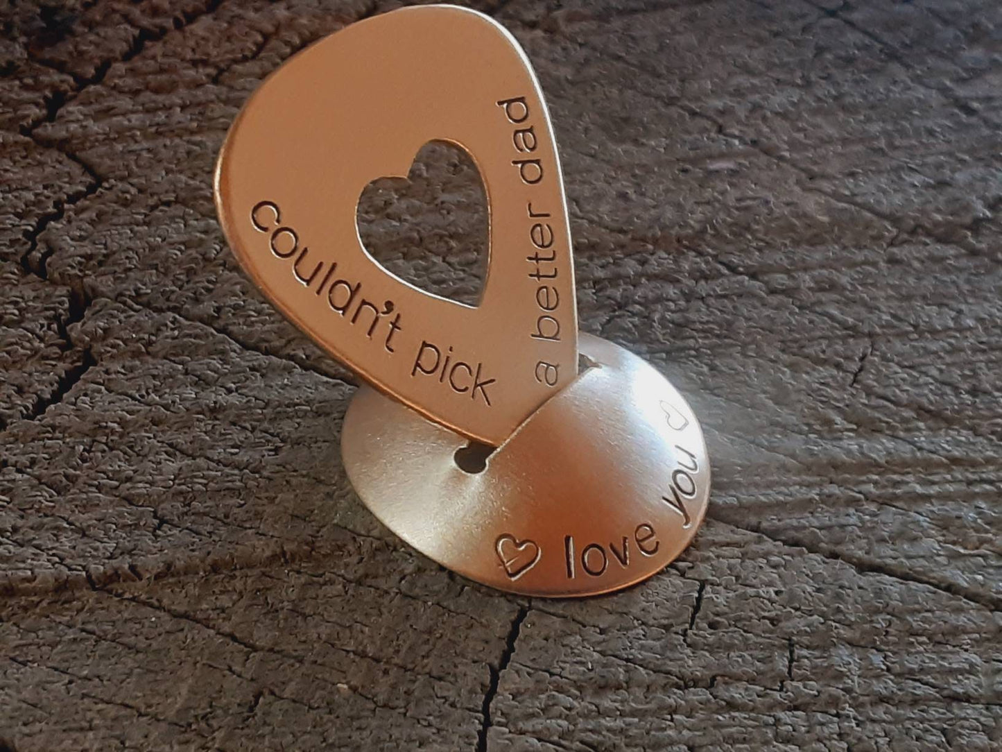 Dad themed guitar pick with stand in bronze