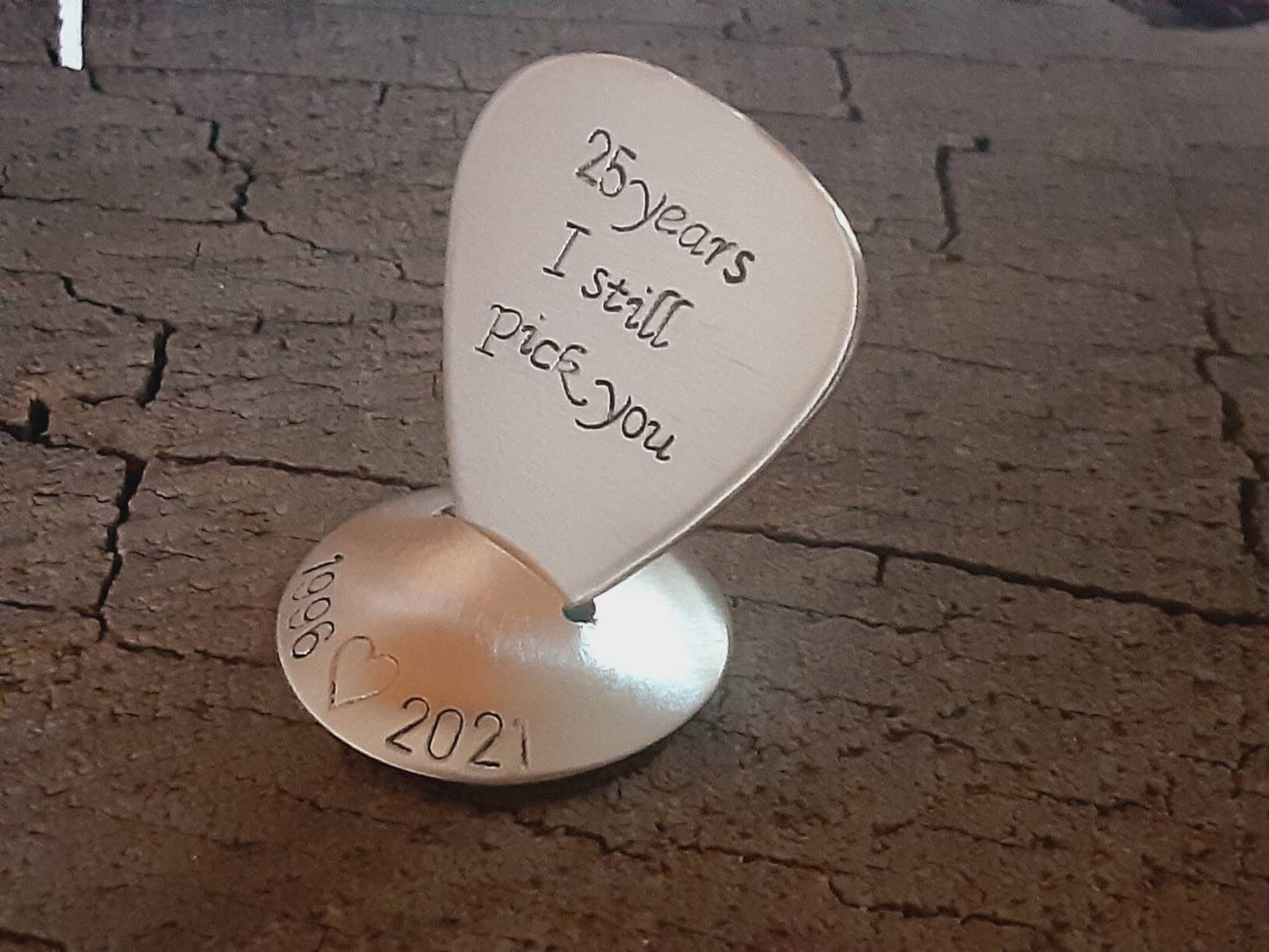 Sterling silver guitar pick with stand for the silver 25th anniversary