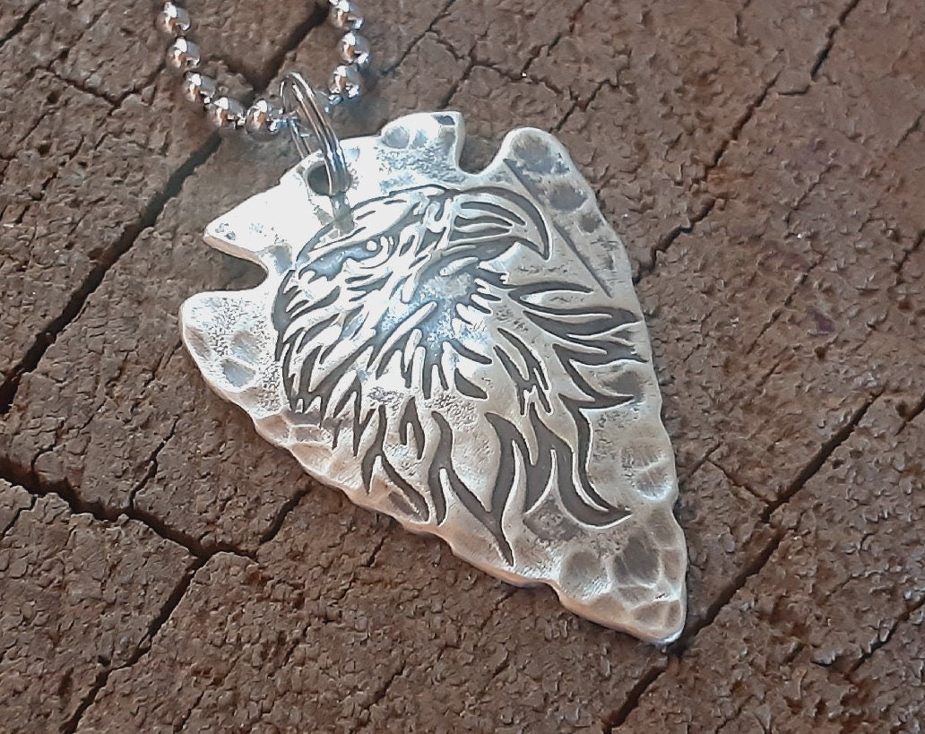 sterling silver arrowhead necklace with eagle and hammered design