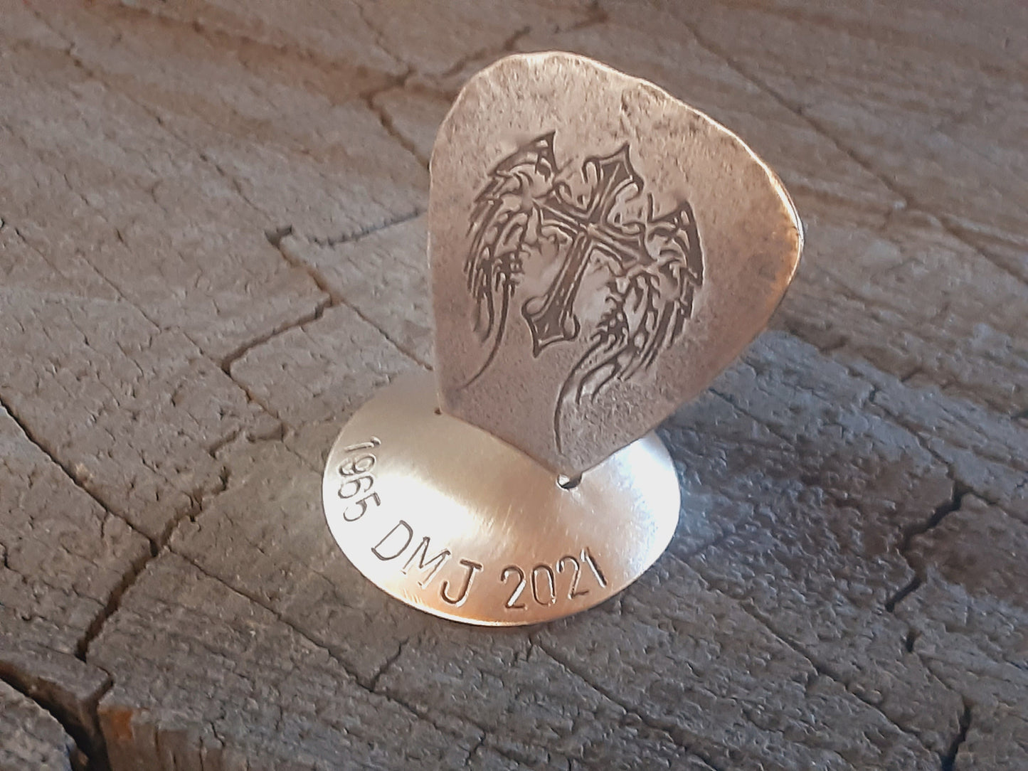 Memorial bronze guitar pick playable with stand - remembrance gift