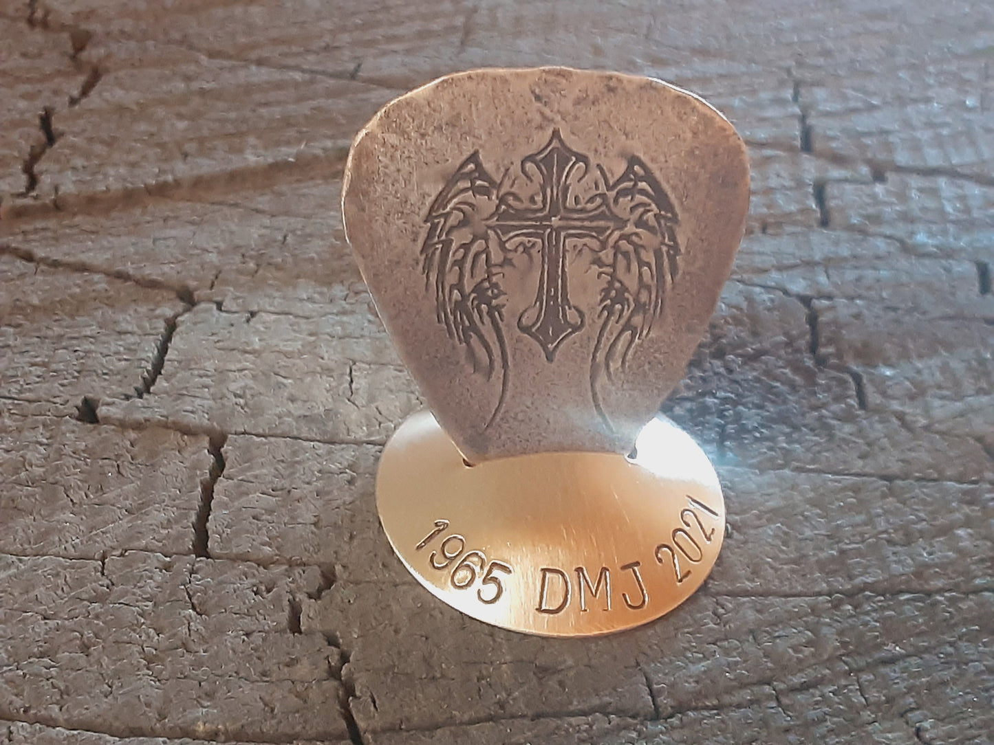 Memorial bronze guitar pick playable with stand - remembrance gift