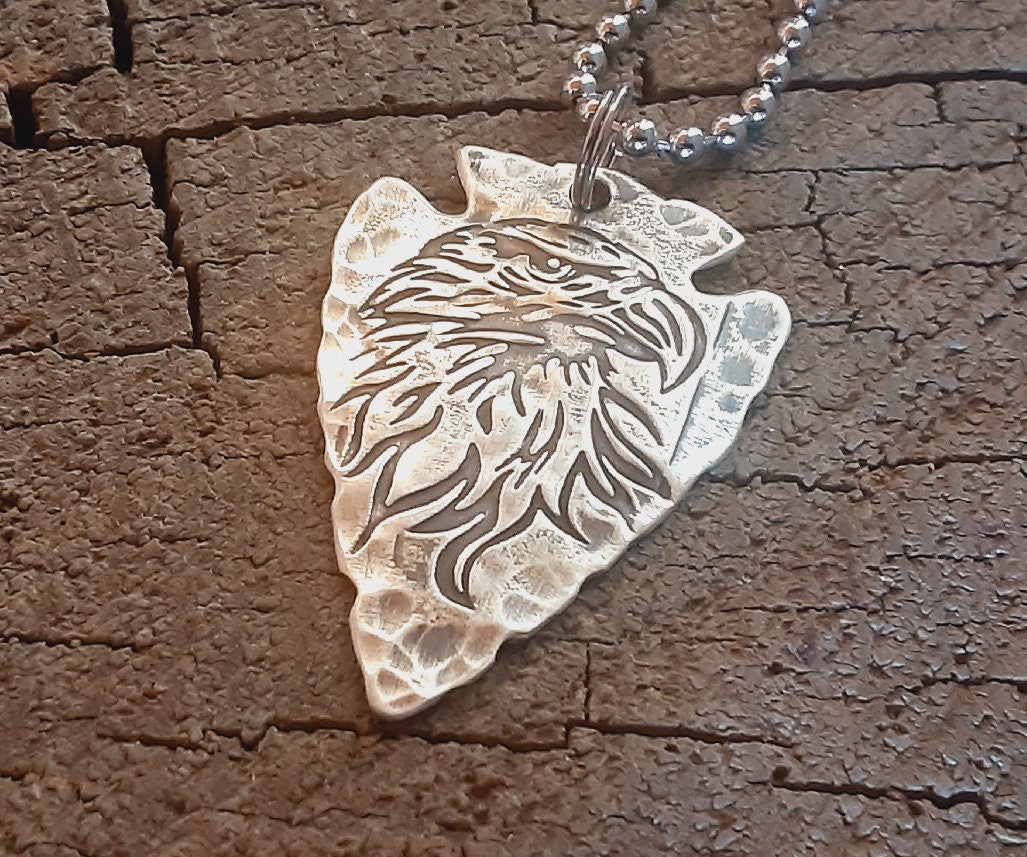 sterling silver arrowhead necklace with eagle and hammered design