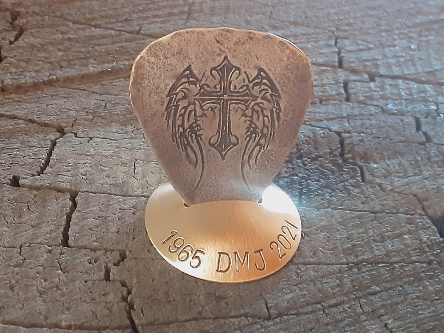 Memorial bronze guitar pick playable with stand - remembrance gift