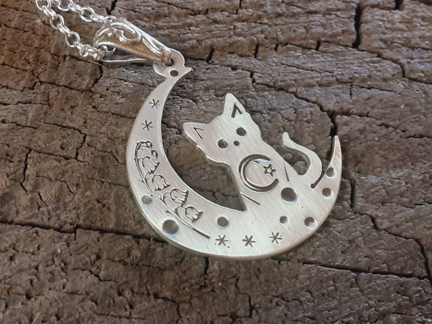 Cat in moon sterling silver necklace