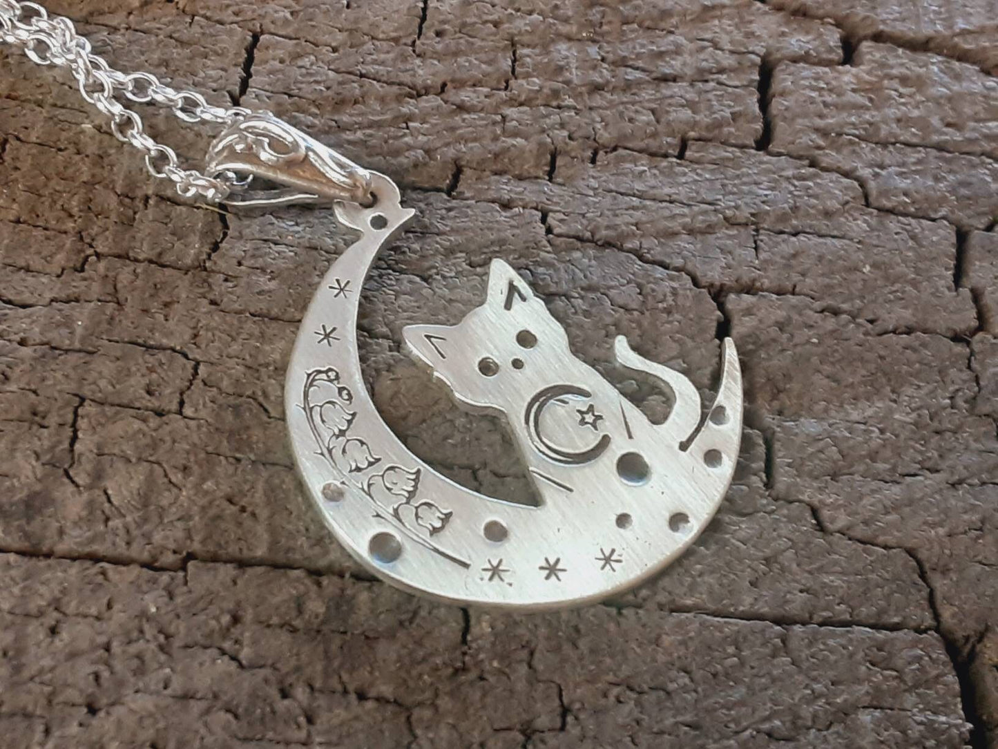 Cat in moon sterling silver necklace