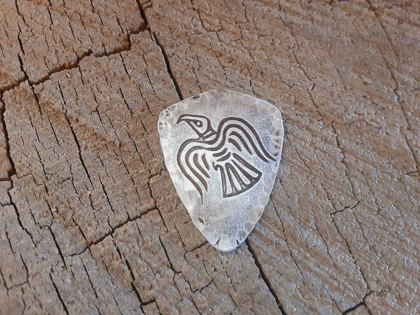 Aluminum guitar pick with Viking crow and Norse theme