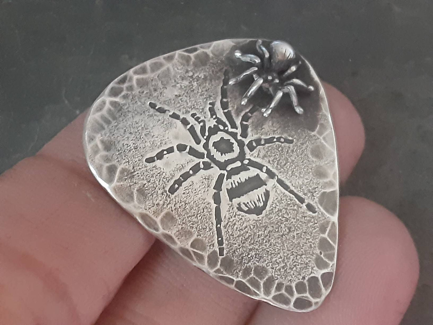 Sterling silver guitar pick with 3D spider