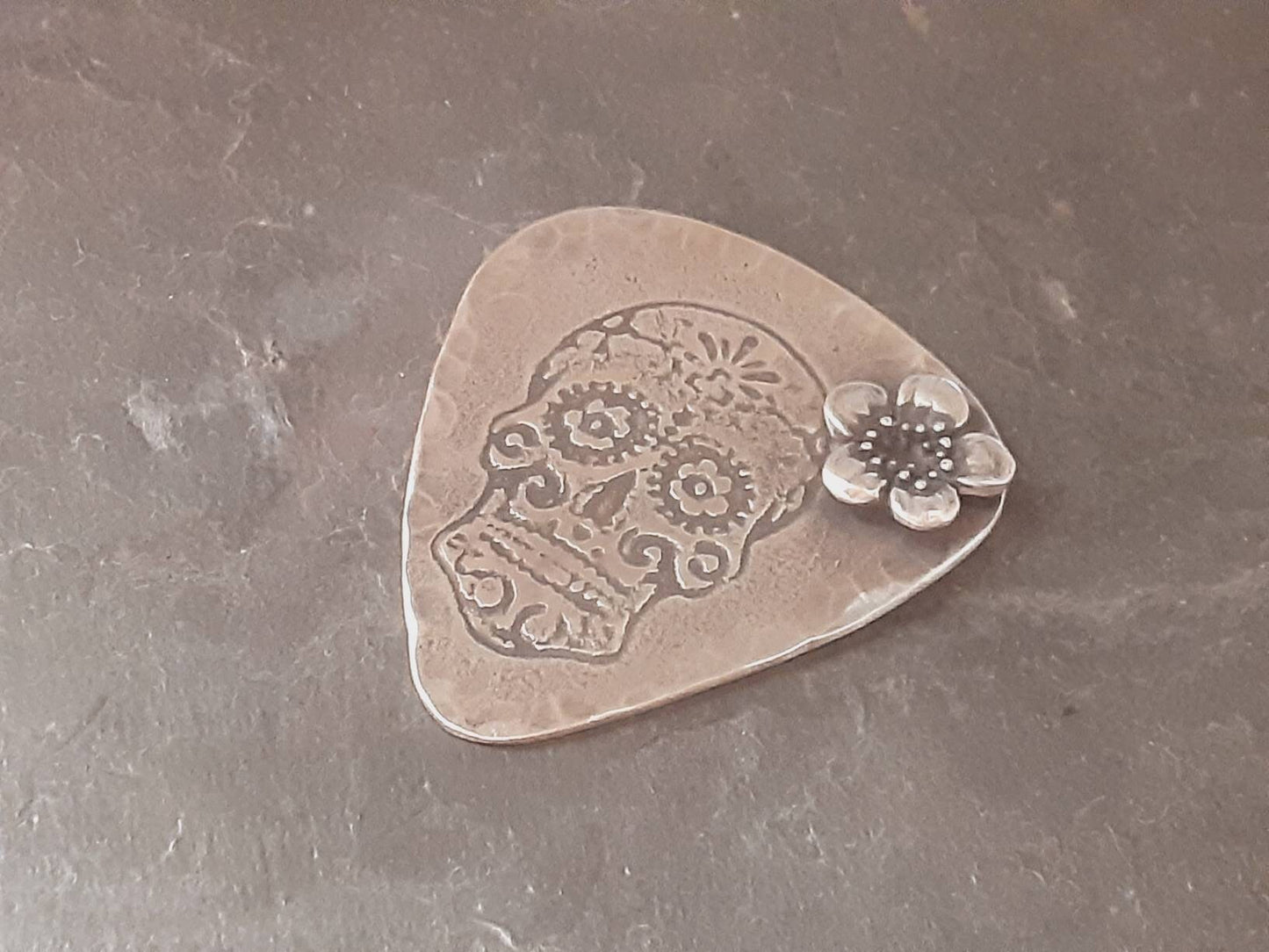Sterling silver guitar pick with sugar skull
