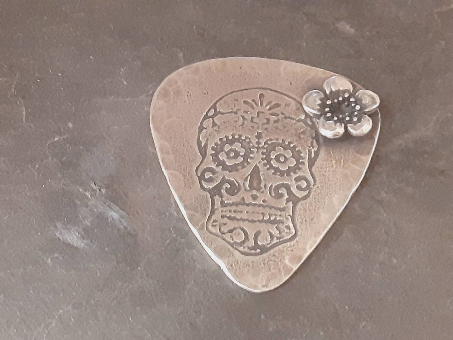 Sterling silver guitar pick with sugar skull