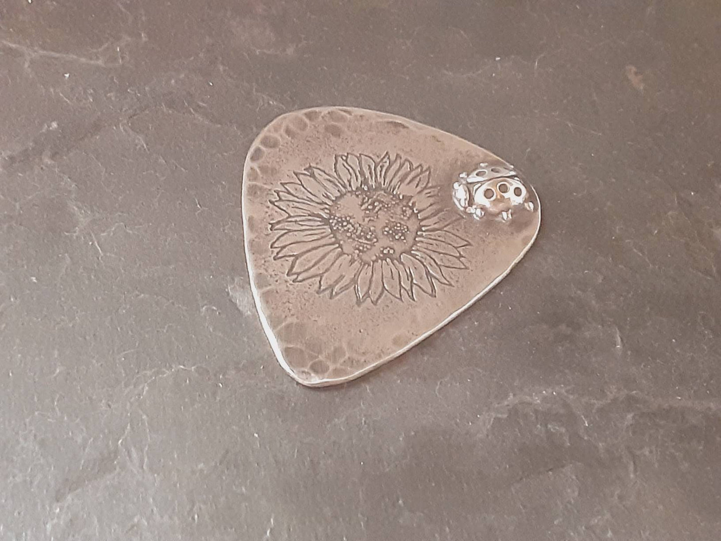 Sunflower and 3D ladybug guitar pick in sterling silver