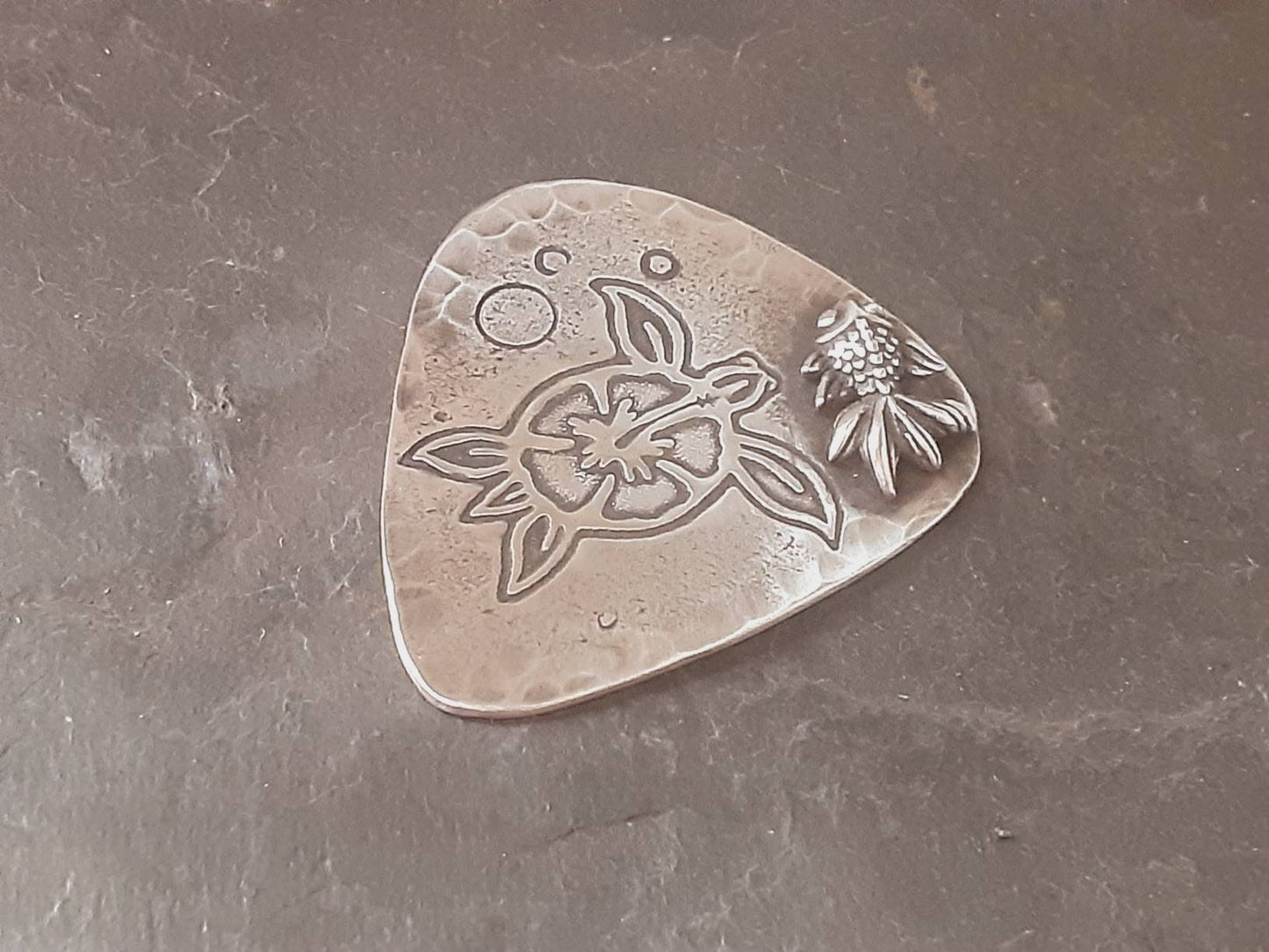 Tortoise and 3D Fish soldered on a sterling silver guitar pick