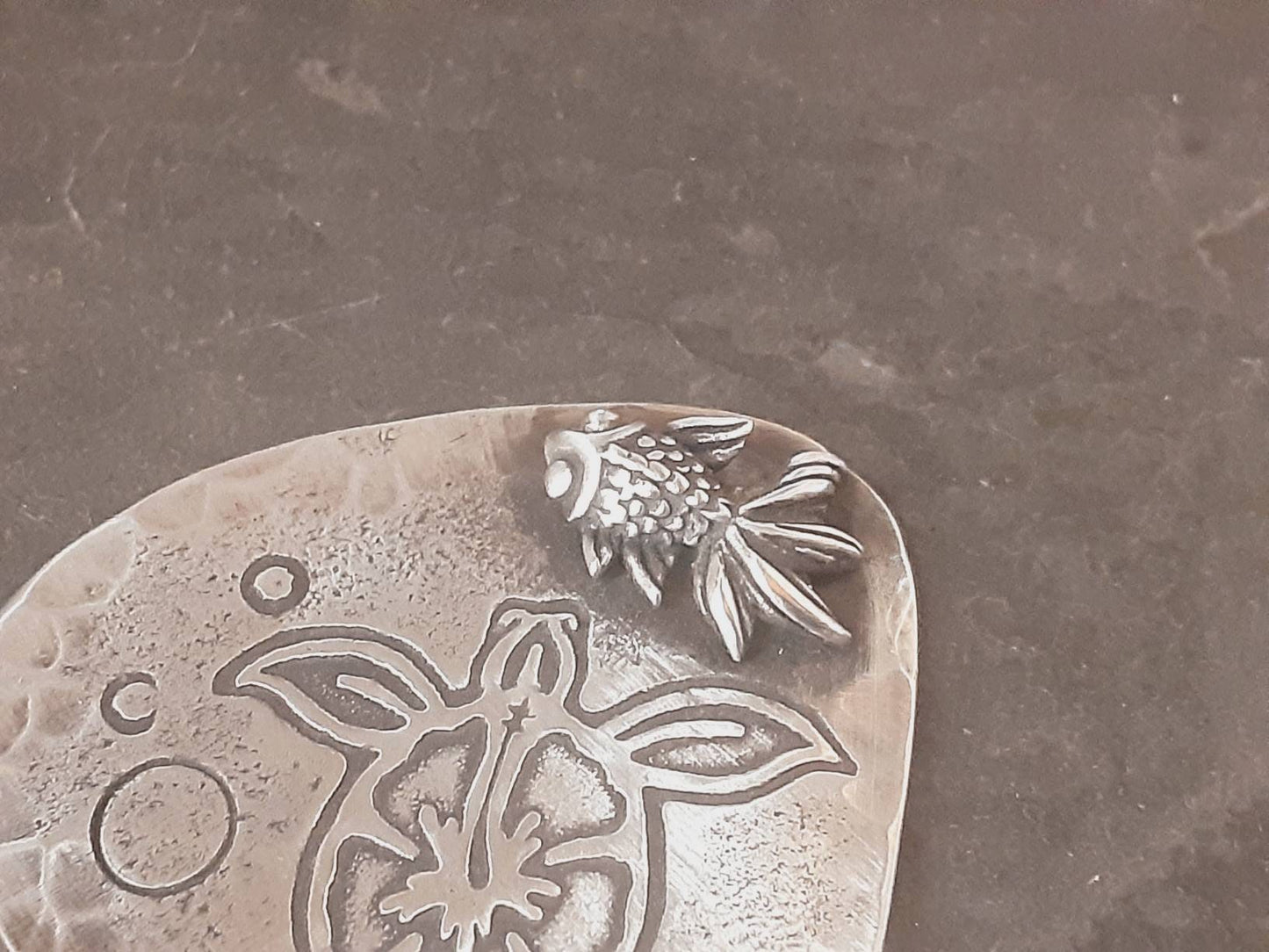 Tortoise and 3D Fish soldered on a sterling silver guitar pick