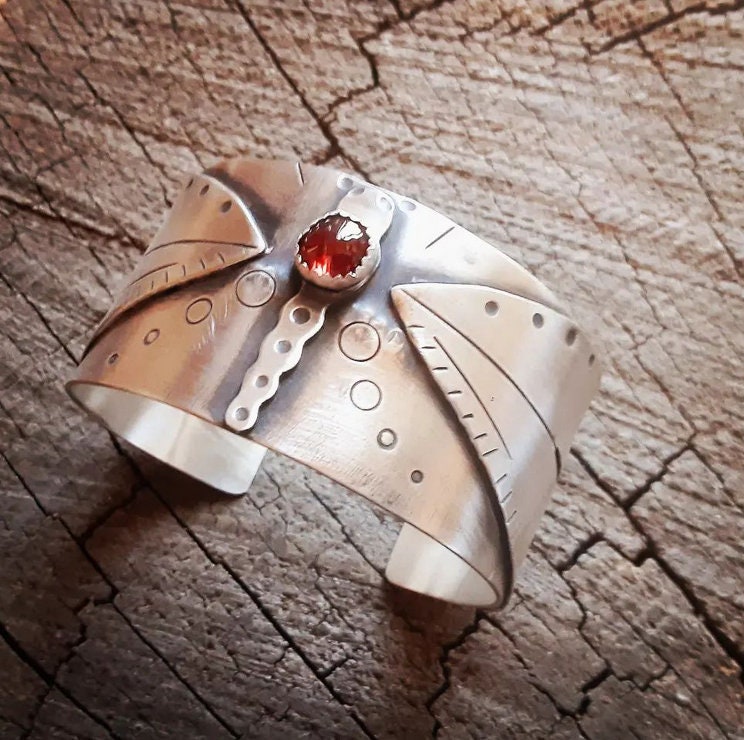 Sterling silver dragonfly bracelet with 8 mm red Garnet birthstone