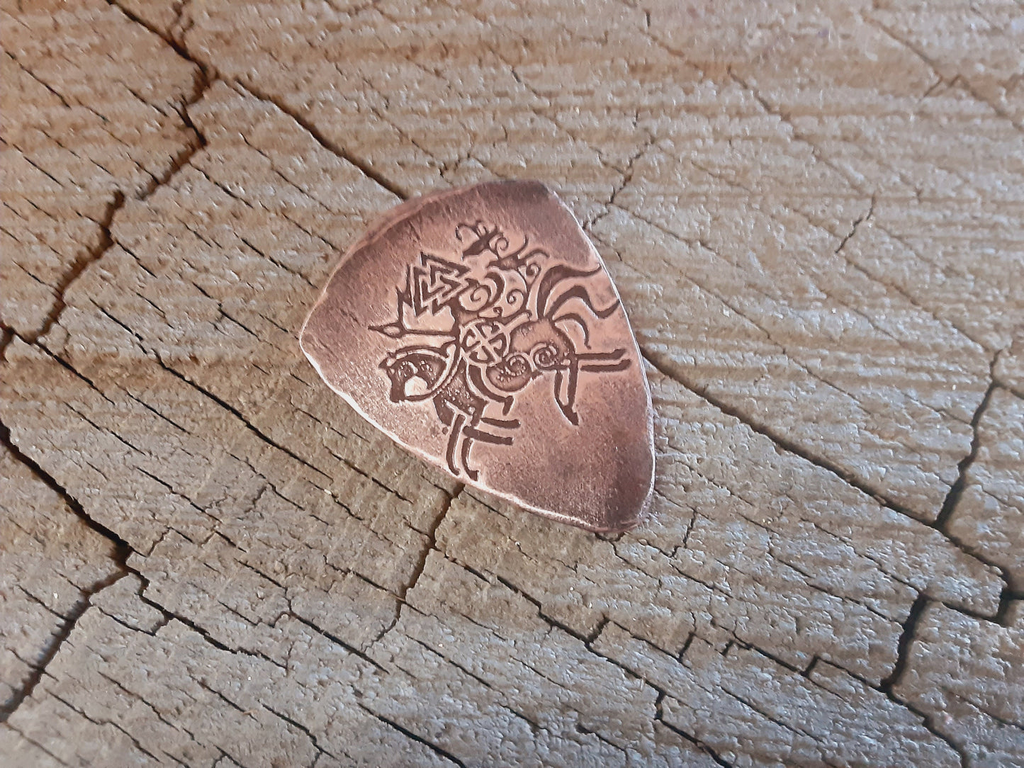 Copper shield style guitar pick with 8 legged horse Sleipnir