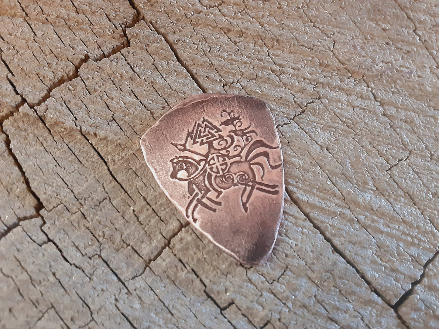 Copper shield style guitar pick with 8 legged horse Sleipnir