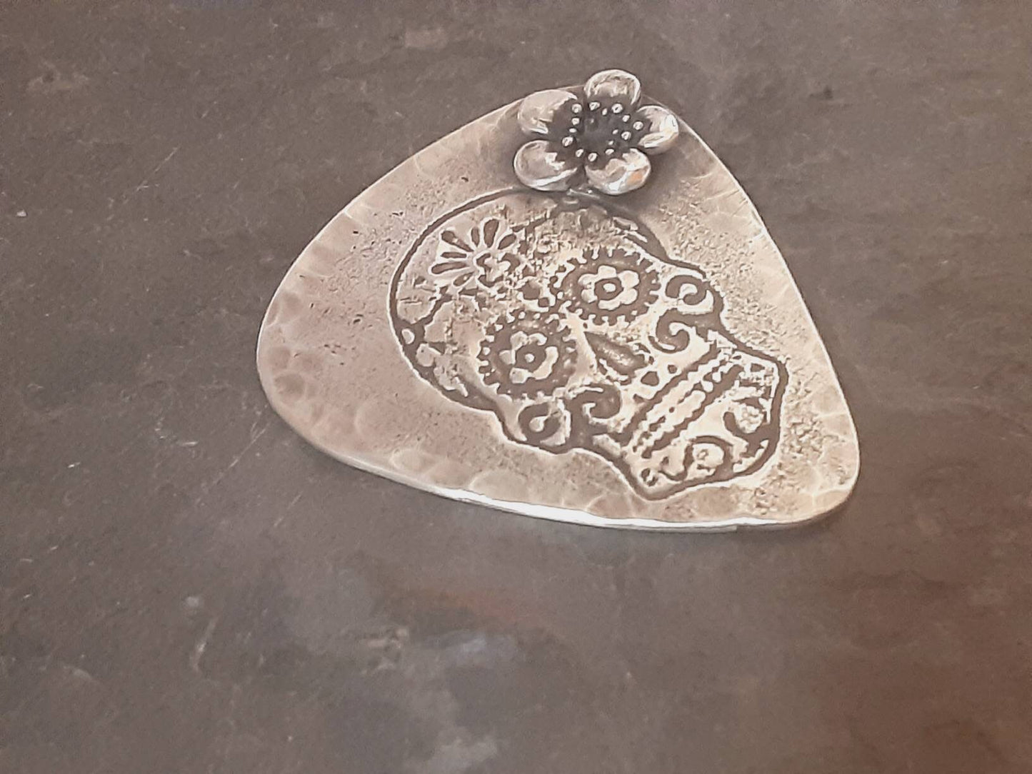 Sterling silver guitar pick with sugar skull