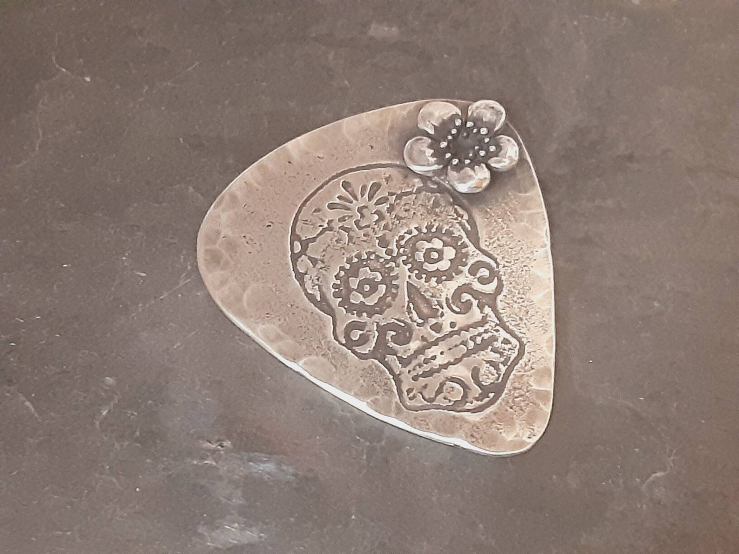 Sterling silver guitar pick with sugar skull