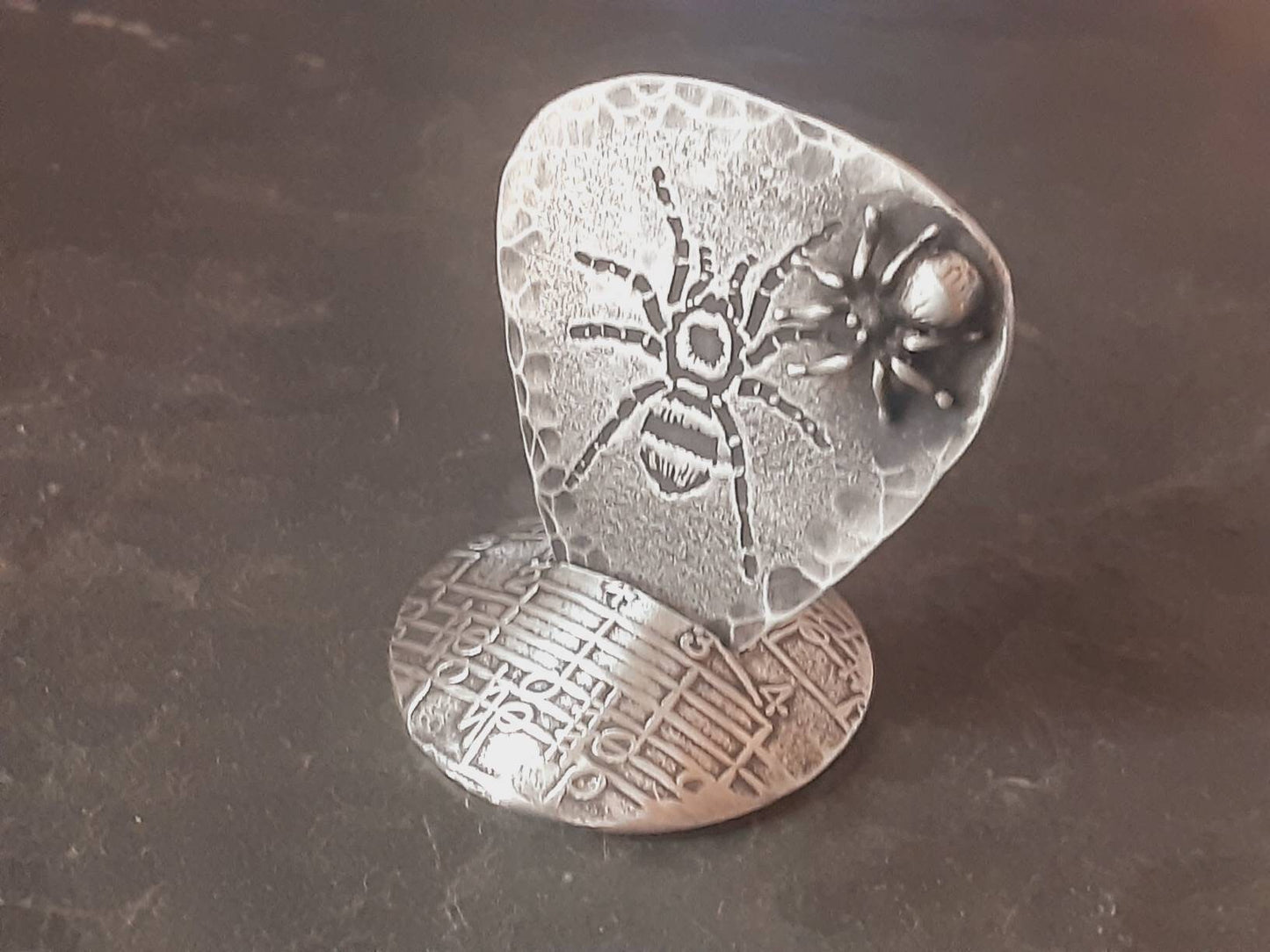 Spider themed sterling silver guitar pick with 3D spider and guitar pick holder stand