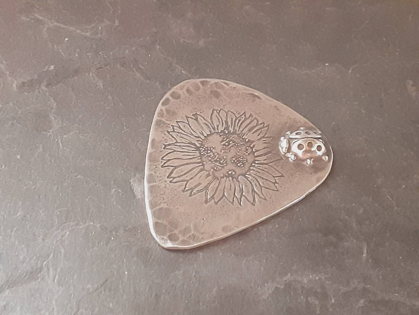 Sunflower and 3D ladybug guitar pick in sterling silver